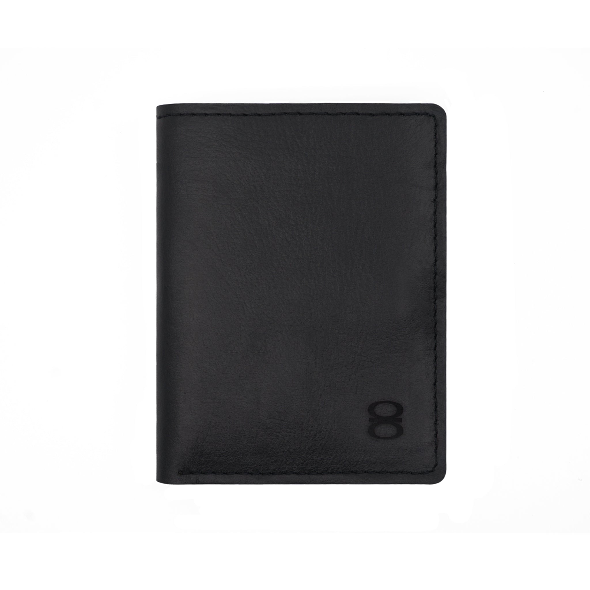 Front view of black Draft-8 LOCAL leather wallet with minimalist embossed logo.
