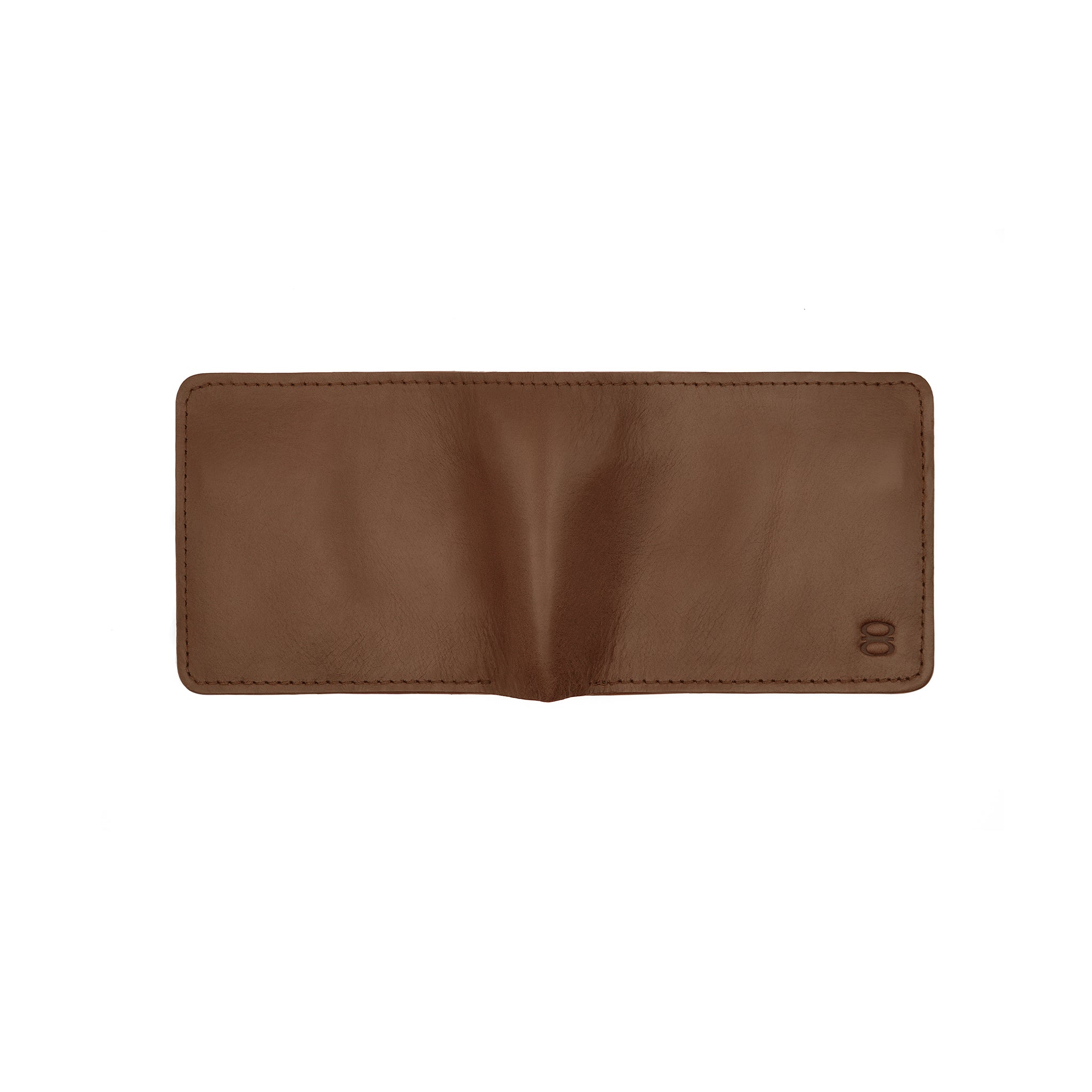 Front view of Draft-8 SWITCH wallet in brown-colored vegetable-tanned leather, featuring minimalist stitching and embossed logo.
