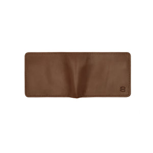 Front view of Draft-8 SWITCH wallet in brown-colored vegetable-tanned leather, featuring minimalist stitching and embossed logo.

