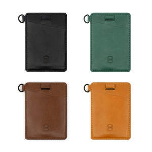 Front view of Draft-8 leather card holder PN in black, green, brown and camel colors – minimalist wallet for cards and cash