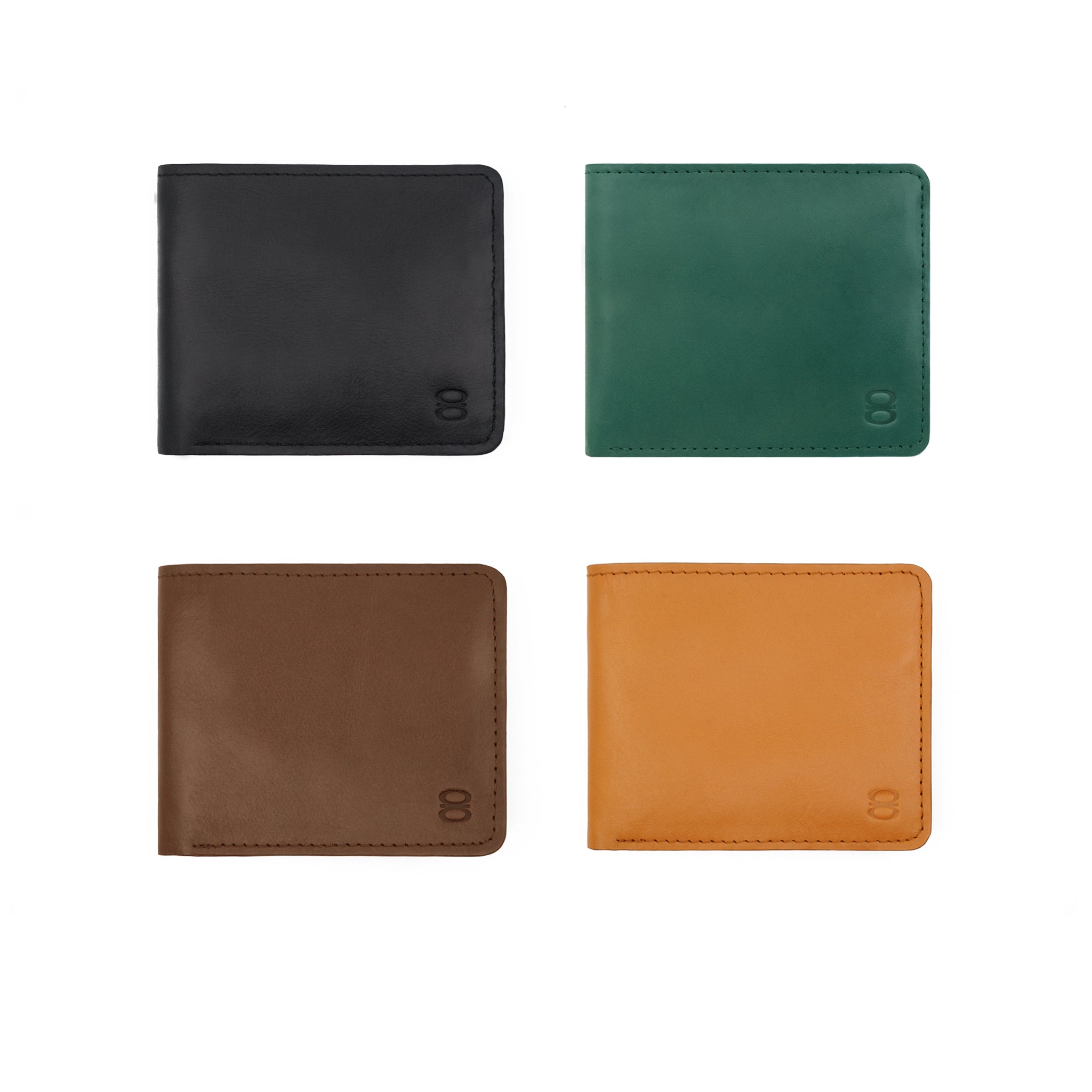 Draft-8 leather wallets in black, green, brown, and camel – minimalist bifold collection

