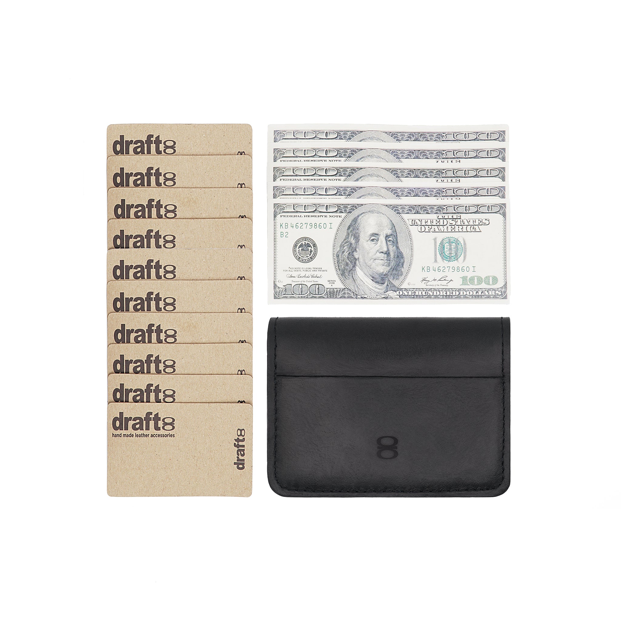 Black leather wallet by draft-8 showing full card and cash capacity

