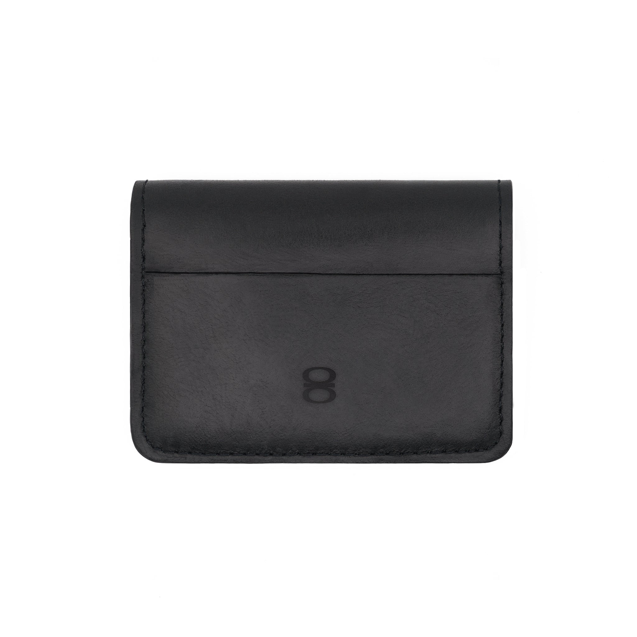 Front view of black leather wallet by draft-8 in minimalist style

