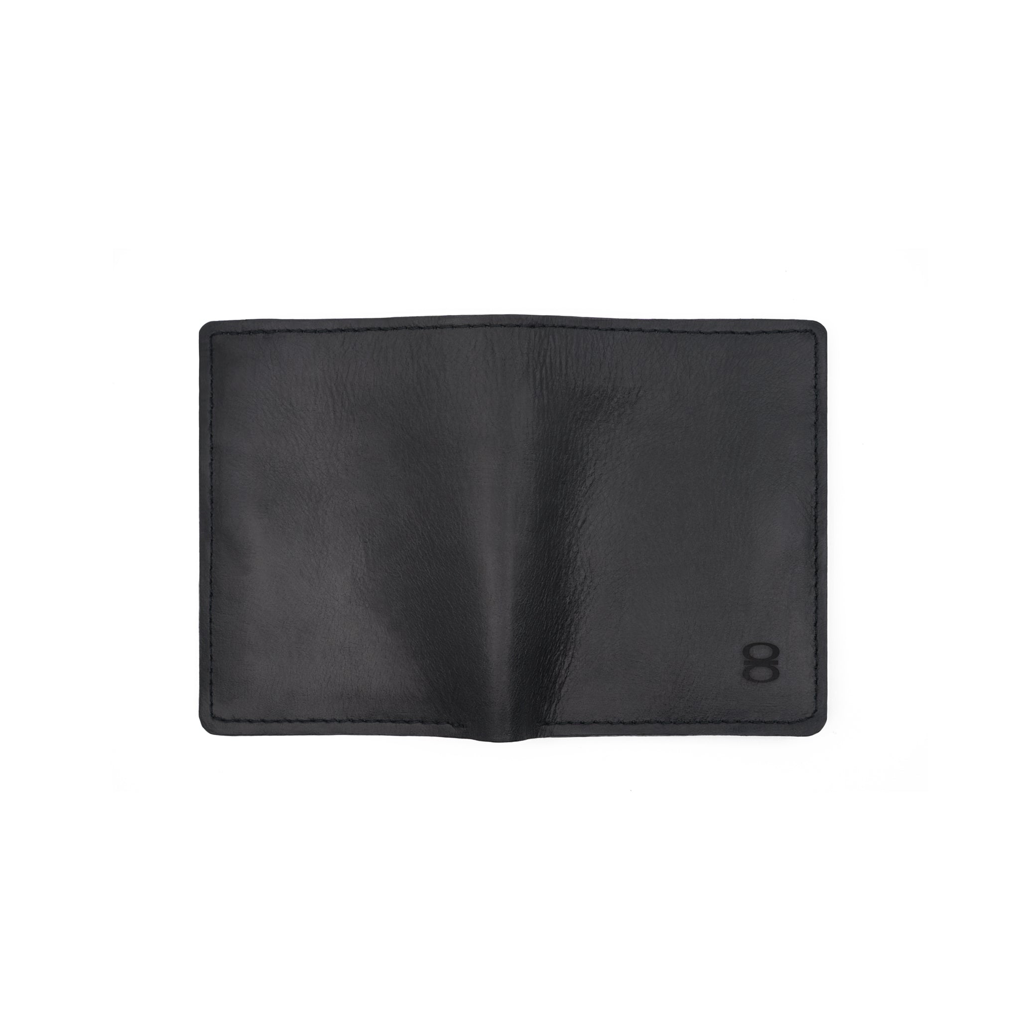Back view of open black Draft-8 leather wallet showing full exterior surface.
