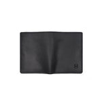 Load image into Gallery viewer, Back view of open black Draft-8 leather wallet showing full exterior surface.

