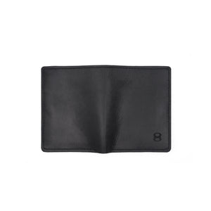 Back view of open black Draft-8 leather wallet showing full exterior surface.
