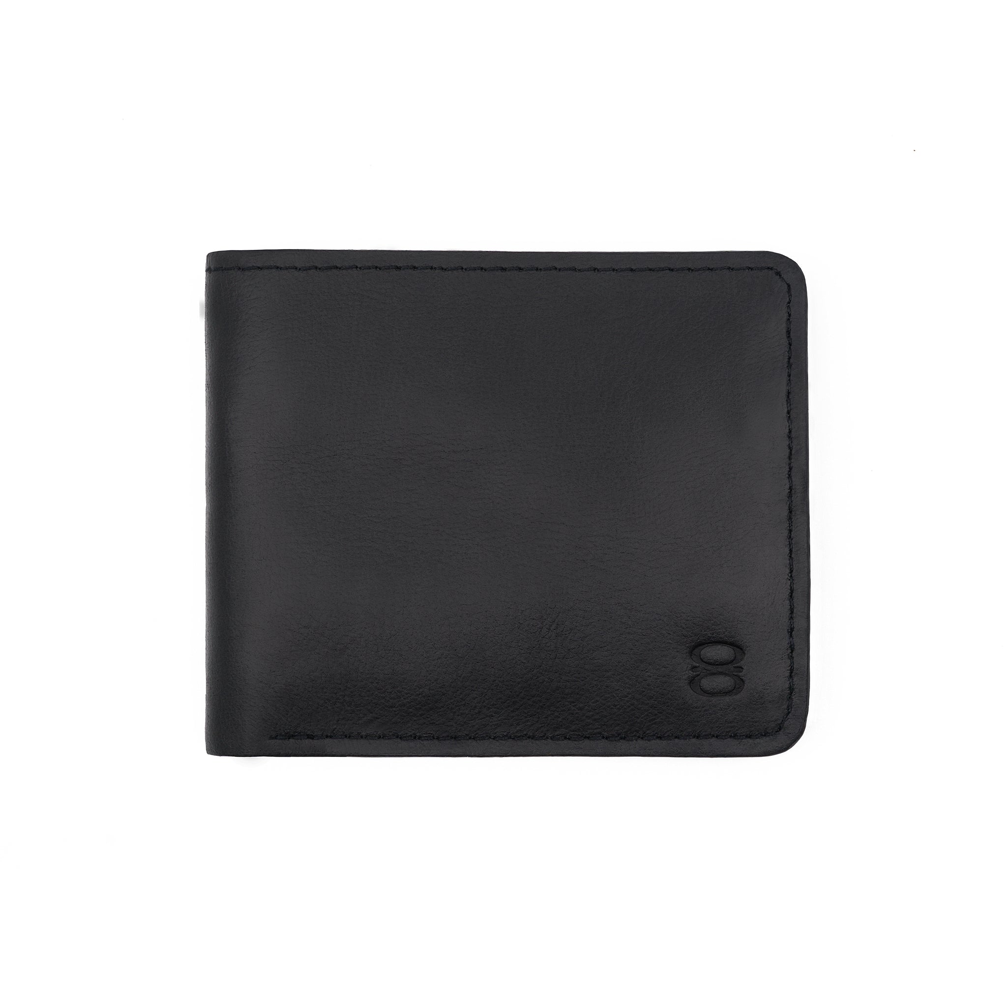 Front view of Draft-8 SWITCH wallet in black-colored vegetable-tanned leather, featuring minimalist stitching and embossed logo.
