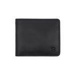 Load image into Gallery viewer, Front view of Draft-8 SWITCH wallet in black-colored vegetable-tanned leather, featuring minimalist stitching and embossed logo.

