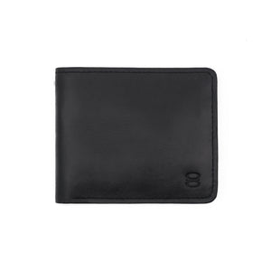 Front view of Draft-8 SWITCH wallet in black-colored vegetable-tanned leather, featuring minimalist stitching and embossed logo.
