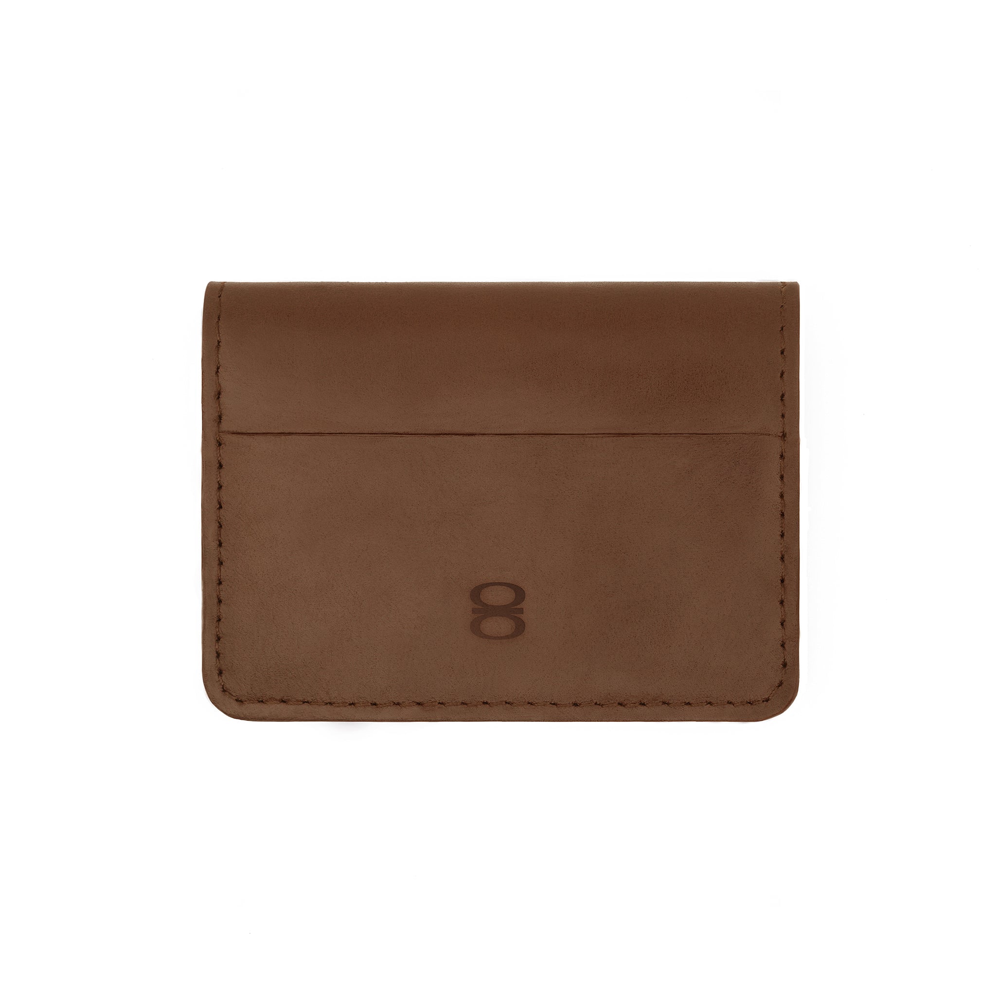 Back view of brown leather wallet by draft-8 with embossed logo


