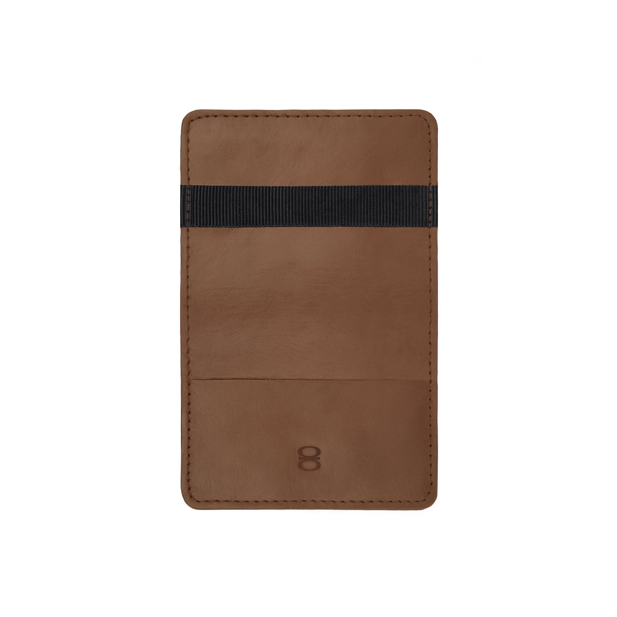 Open front view of brown leather wallet by draft-8 with elastic strap

