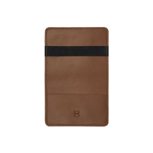 Open front view of brown leather wallet by draft-8 with elastic strap

