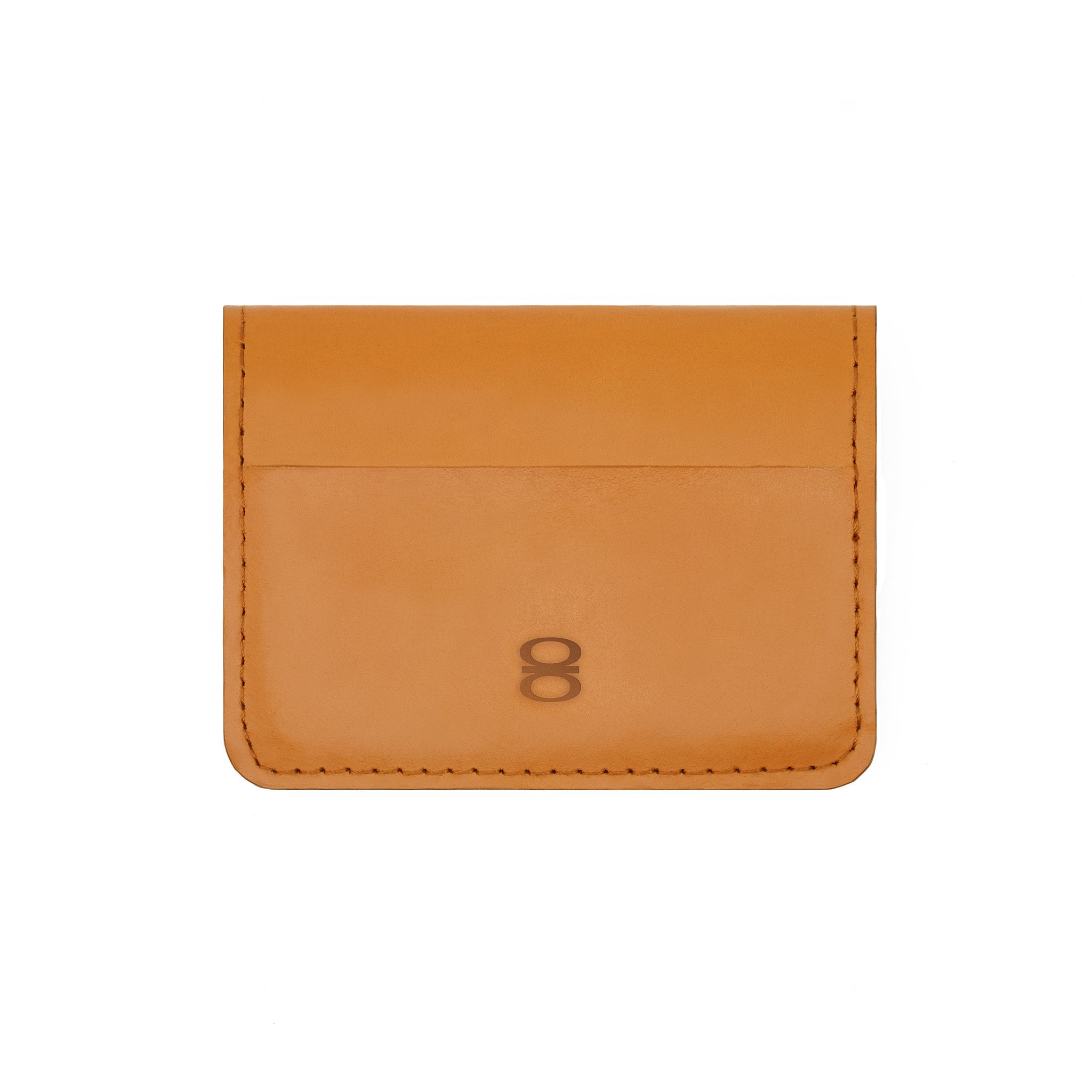 Back view of camel leather wallet by draft-8 with embossed logo


