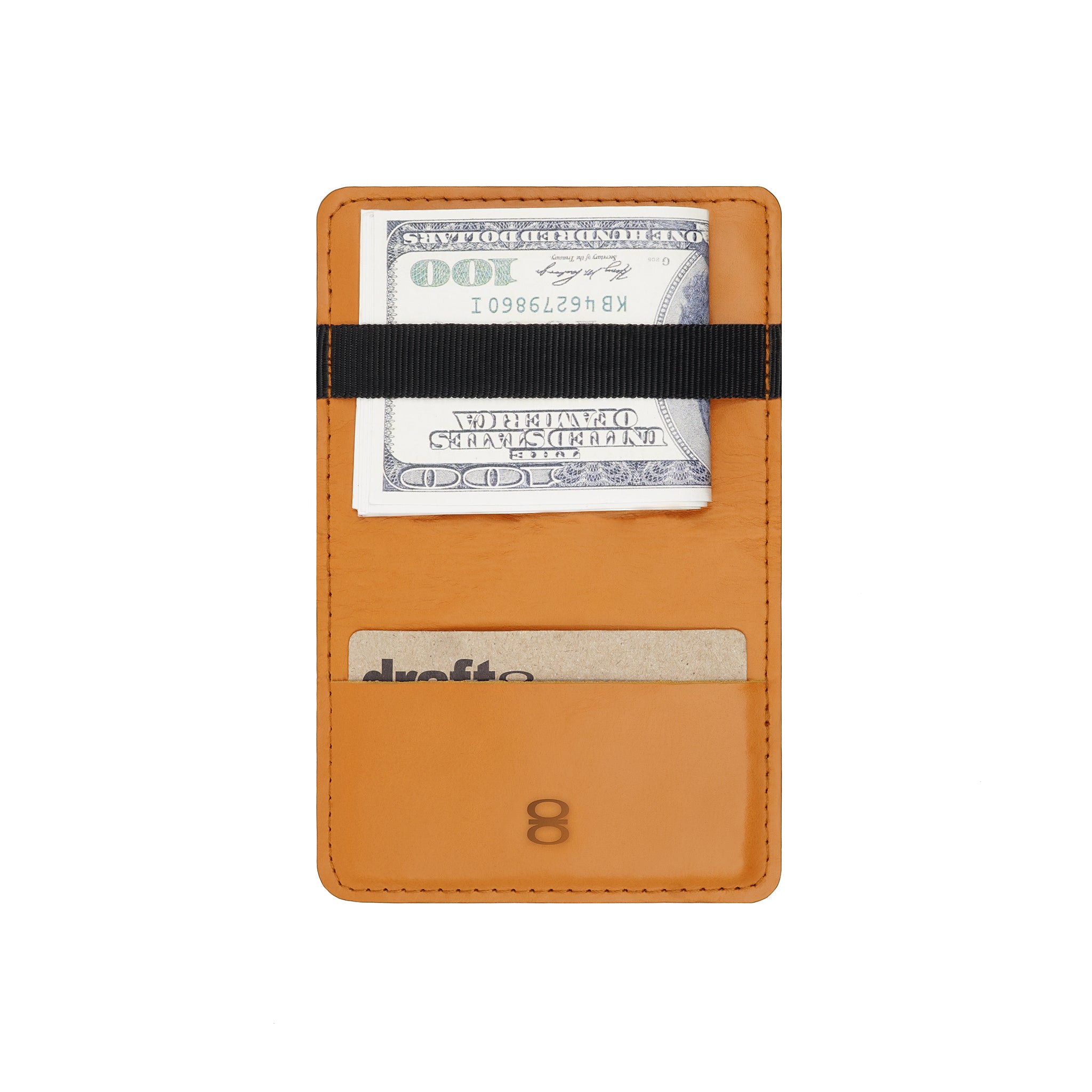 Camel leather wallet from draft-8, front view with cash strap and card slots