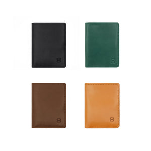 Draft-8 LOCAL leather wallets in four colors: black, green, brown, and camel. Displayed in a 2x2 grid for color comparison.

