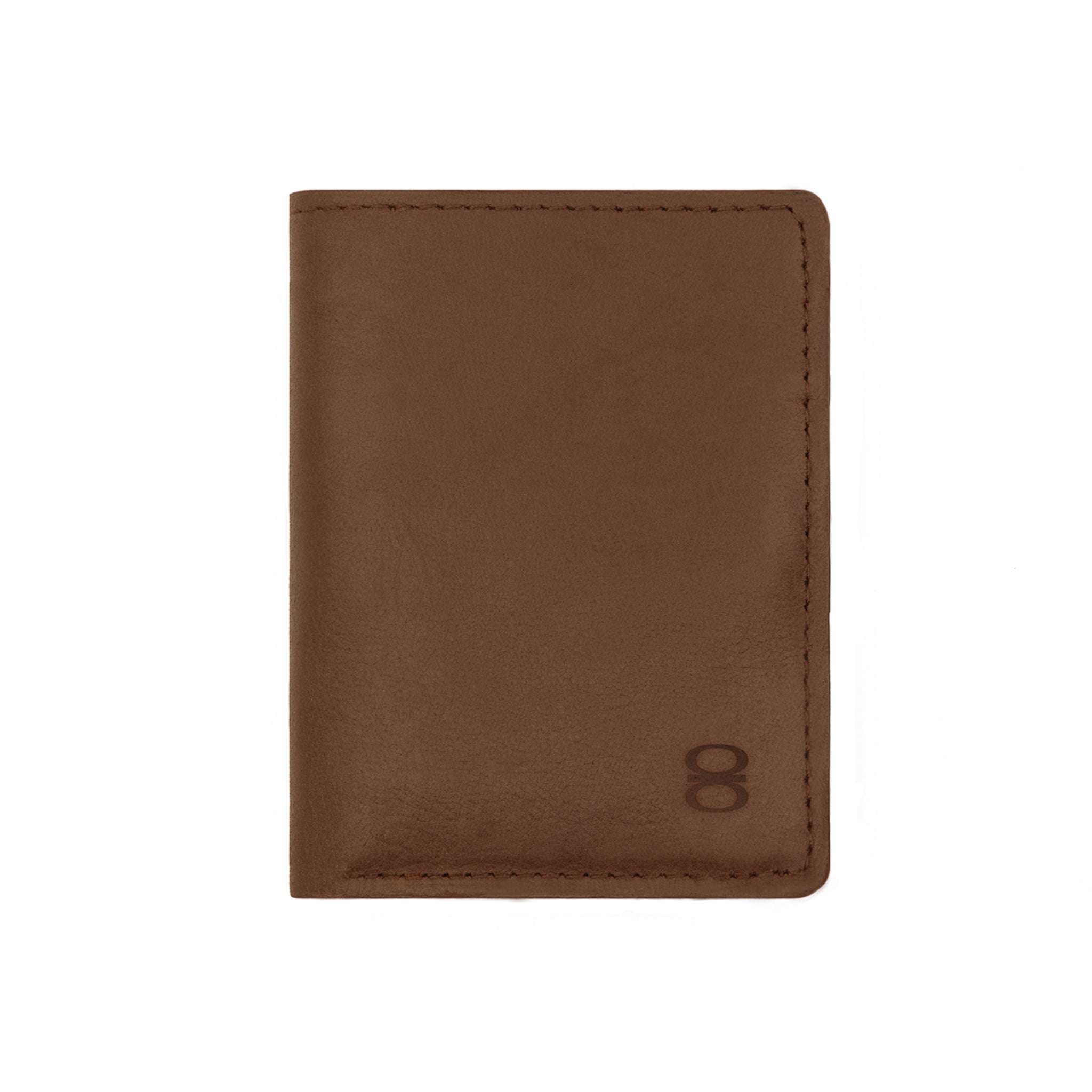 Front view of brown Draft-8 LOCAL leather wallet with subtle logo embossing.
