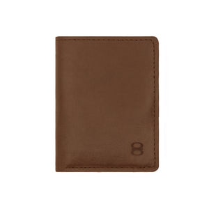 Front view of brown Draft-8 LOCAL leather wallet with subtle logo embossing.
