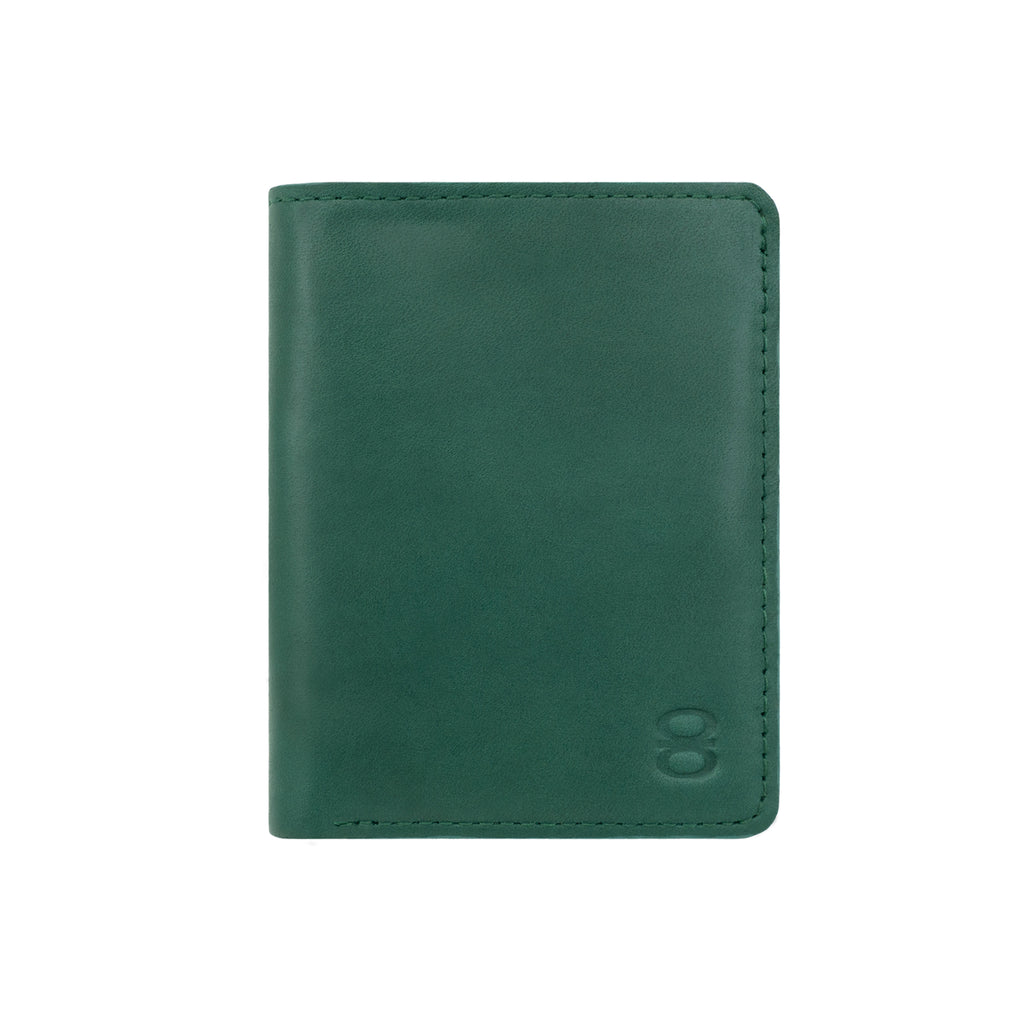 Front view of green Draft-8 LOCAL leather wallet with embossed logo.
