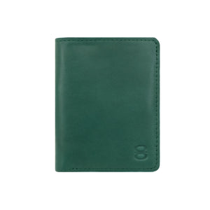 Front view of green Draft-8 LOCAL leather wallet with embossed logo.
