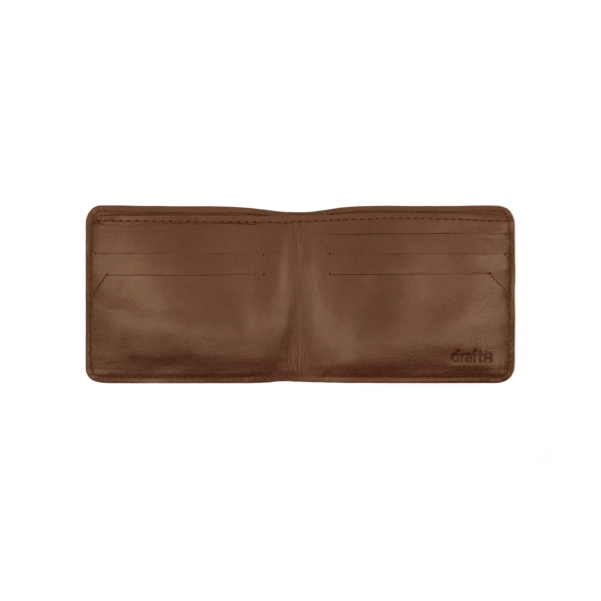 Open view of Draft-8 SWITCH wallet in brown vegetable-tanned leather, showcasing interior card slots and minimalist layout for practical everyday use.
