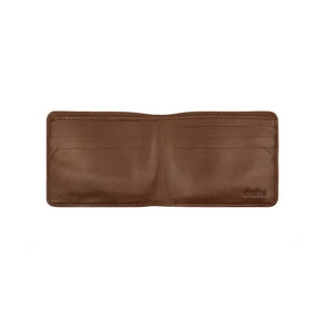 Open view of Draft-8 SWITCH wallet in brown vegetable-tanned leather, showcasing interior card slots and minimalist layout for practical everyday use.
