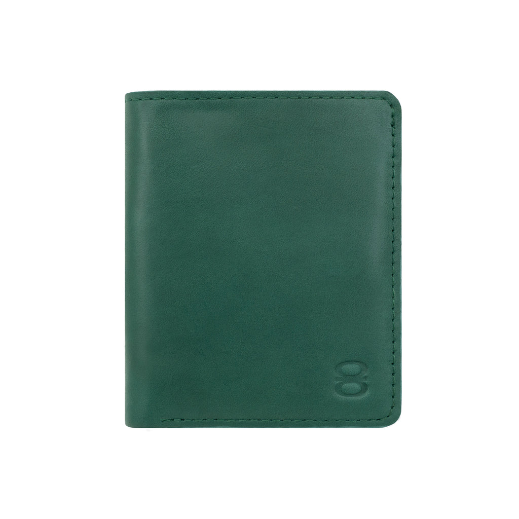 Green leather LUPA wallet by Draft-8, minimalist closed front view.
