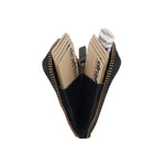Load image into Gallery viewer, Black leather Pop Wallet by Draft-8 unzipped and filled with cards and cash, showcasing its storage capacity and organized compartments.

