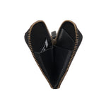Load image into Gallery viewer, Interior view of the black leather Pop Wallet by Draft-8, unzipped to reveal compartments for cards and coins. Compact and stylish everyday carry solution.

