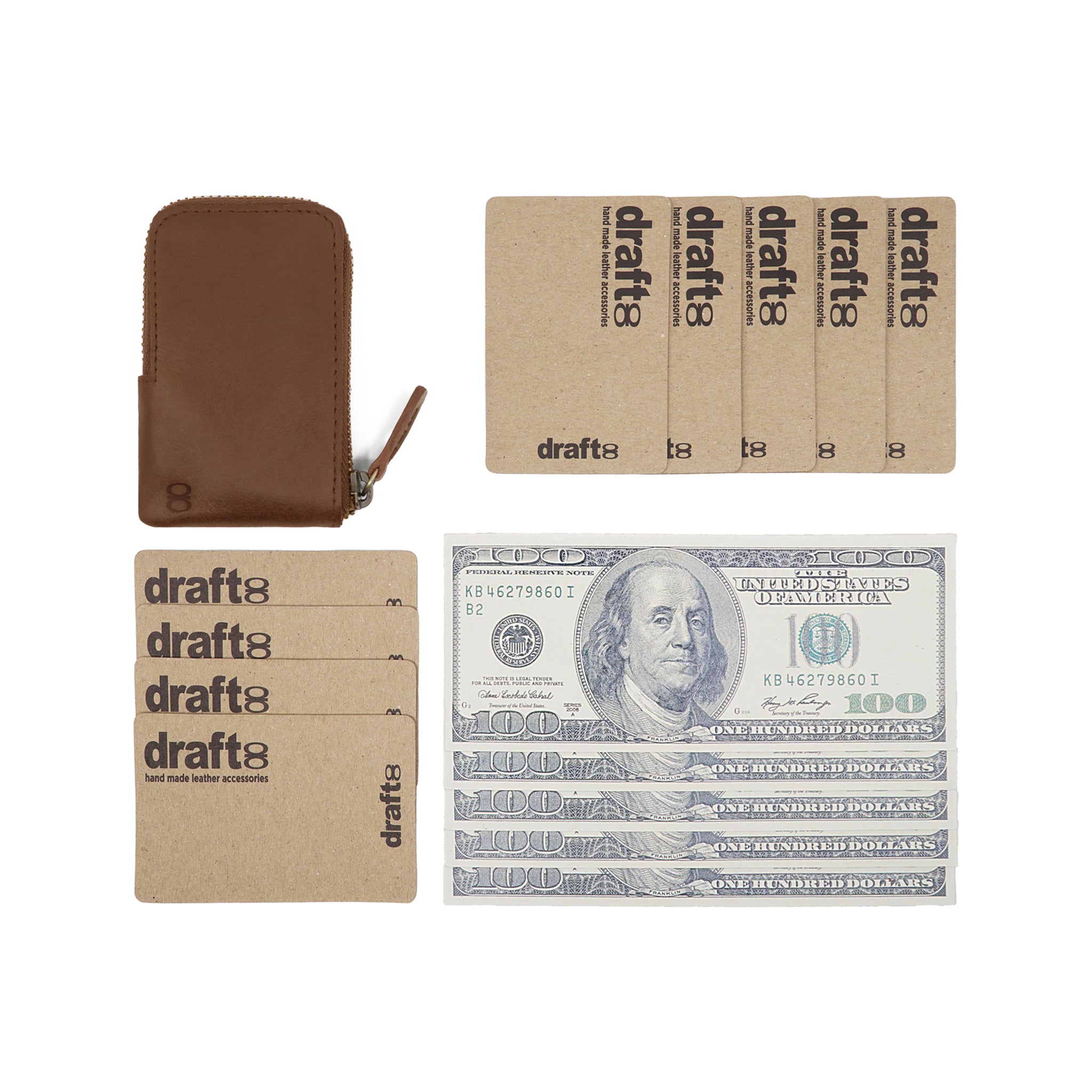 Brown leather Pop Wallet by Draft-8 shown with multiple cards and US dollar bill to demonstrate capacity and layout.
