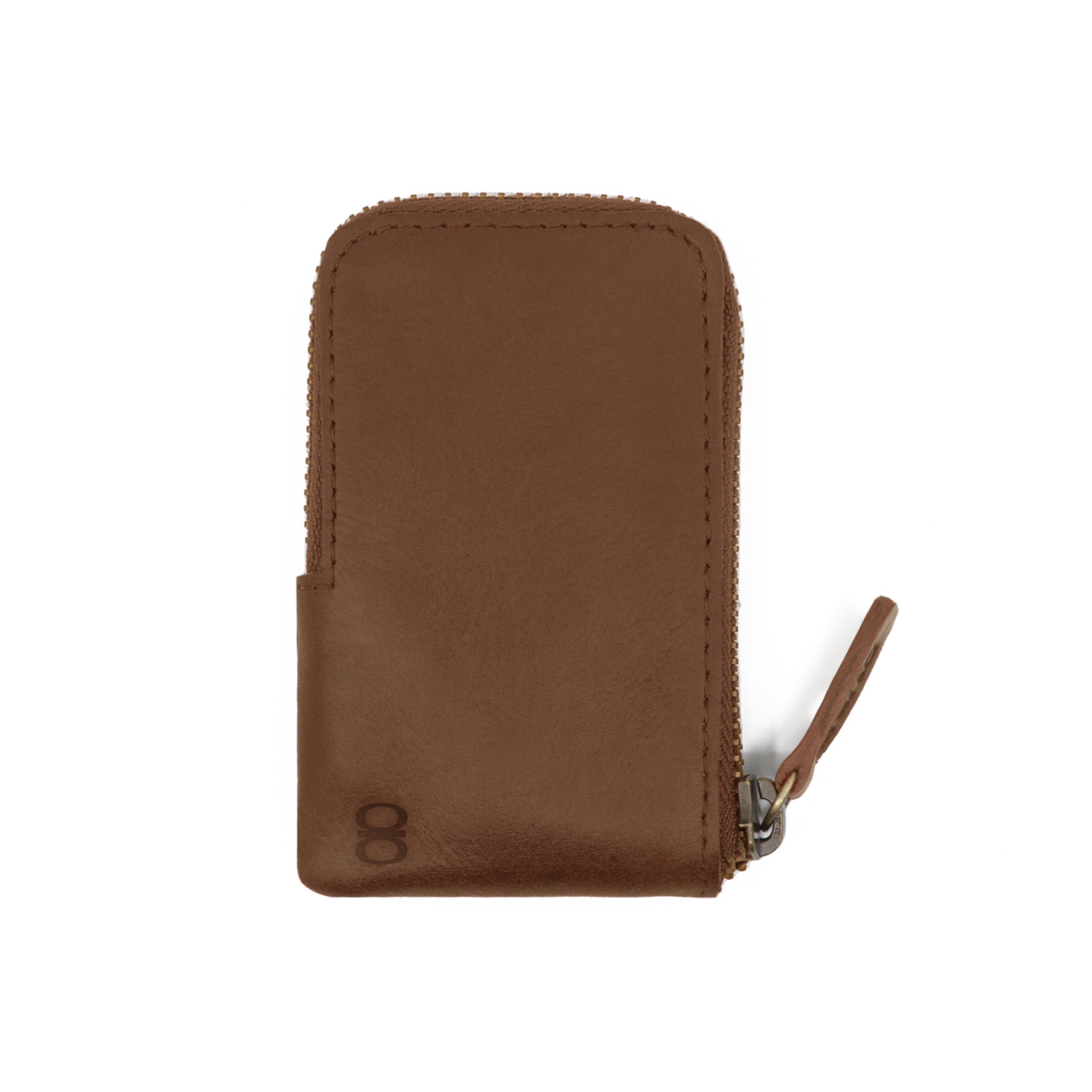 Brown leather Pop Wallet by Draft-8 with zipper closure, showcasing a compact minimalist front view design.
