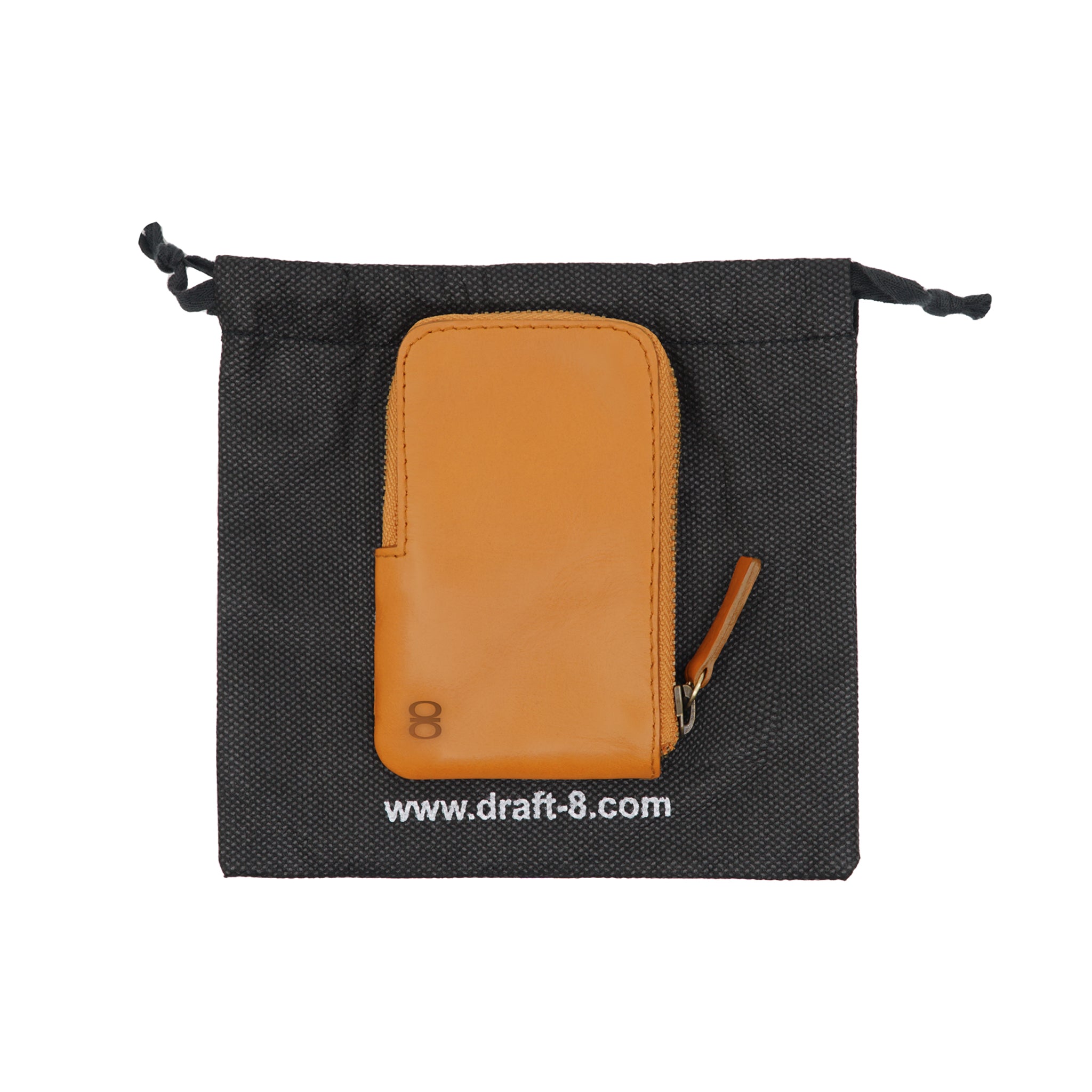 Camel Pop Wallet by Draft-8 displayed with eco-friendly black pouch packaging. Leather zip wallet ideal for cards and coins, perfect gift-ready presentation.
