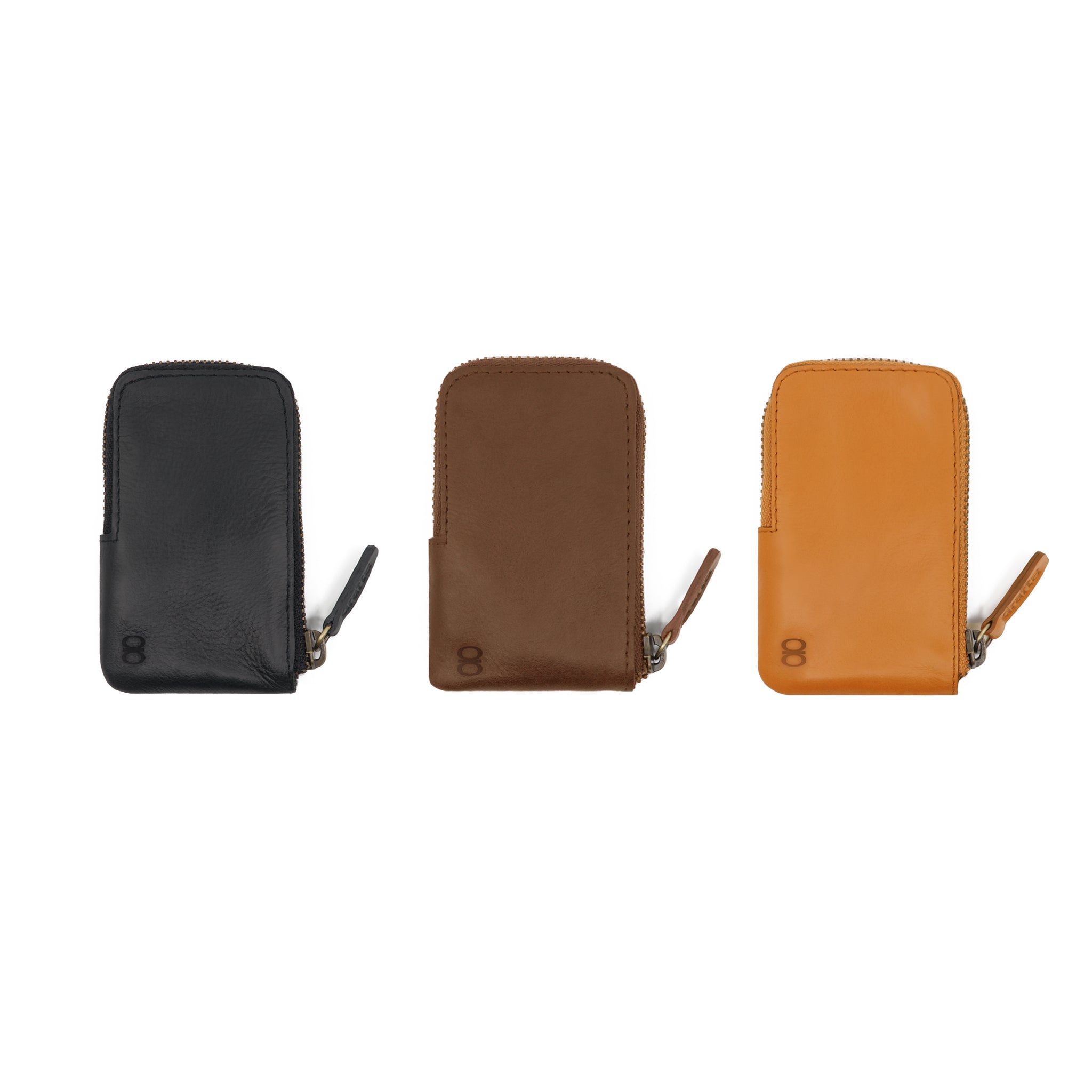 Draft-8 leather Pop Wallet displayed in three colors: black, brown, and camel. Front view with zip closure.
