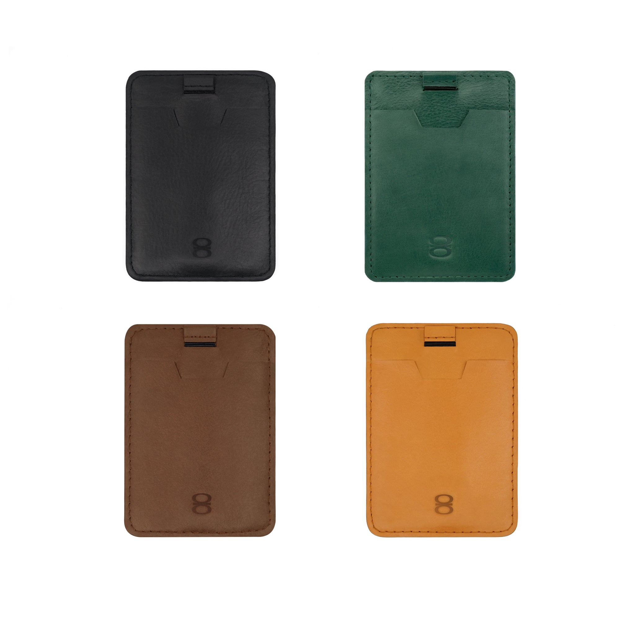 Draft-8 SIDE card holders displayed in four leather colors: black, green, brown, and camel. Slim minimalist RFID wallets for cards and cash.

