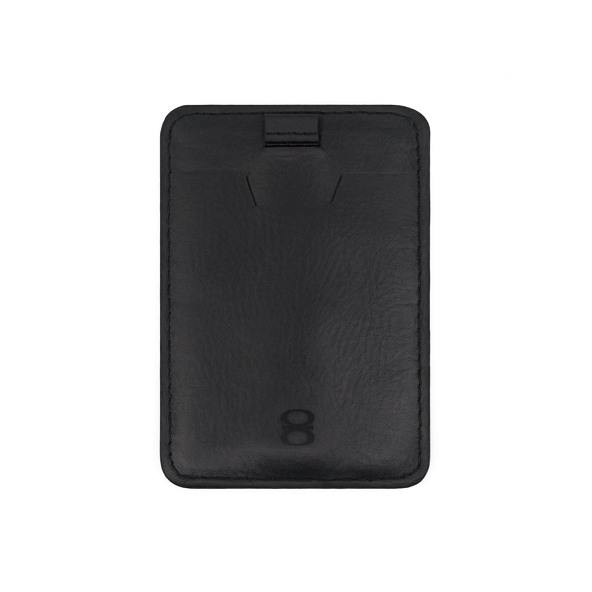 Front view of the Draft-8 SIDE card holder in black leather. Minimalist RFID-blocking card wallet, made from full-grain leather with a sleek embossed logo.

