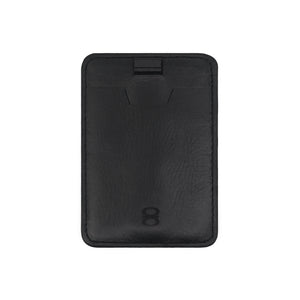 Front view of the Draft-8 SIDE card holder in black leather. Minimalist RFID-blocking card wallet, made from full-grain leather with a sleek embossed logo.
