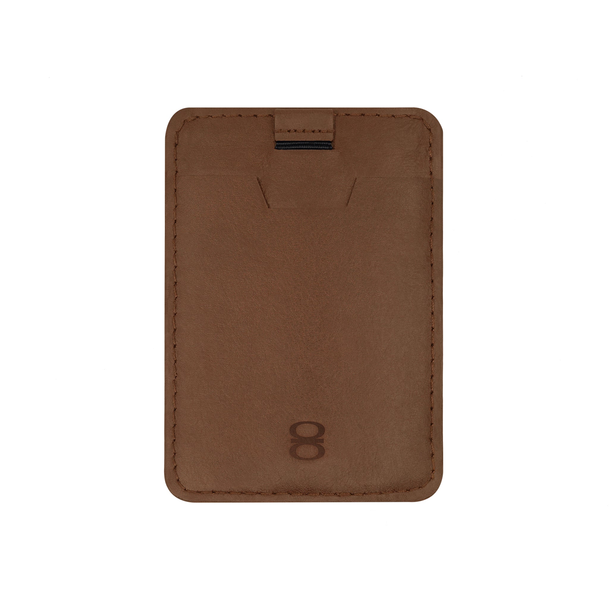 Front view of the Draft-8 SIDE card holder in brown full-grain leather. Slim minimalist wallet for cards, handcrafted with vegetable-tanned leather and embossed logo.
