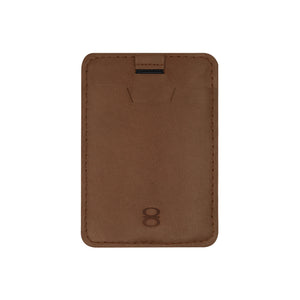 Front view of the Draft-8 SIDE card holder in brown full-grain leather. Slim minimalist wallet for cards, handcrafted with vegetable-tanned leather and embossed logo.
