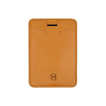 Load image into Gallery viewer, Minimalist front view of the Draft-8 SIDE card holder in camel vegetable-tanned leather, with signature embossed logo. Elegant slim wallet design made in premium full-grain leather.

