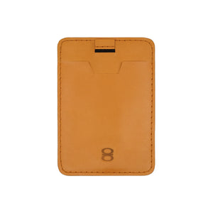 Minimalist front view of the Draft-8 SIDE card holder in camel vegetable-tanned leather, with signature embossed logo. Elegant slim wallet design made in premium full-grain leather.
