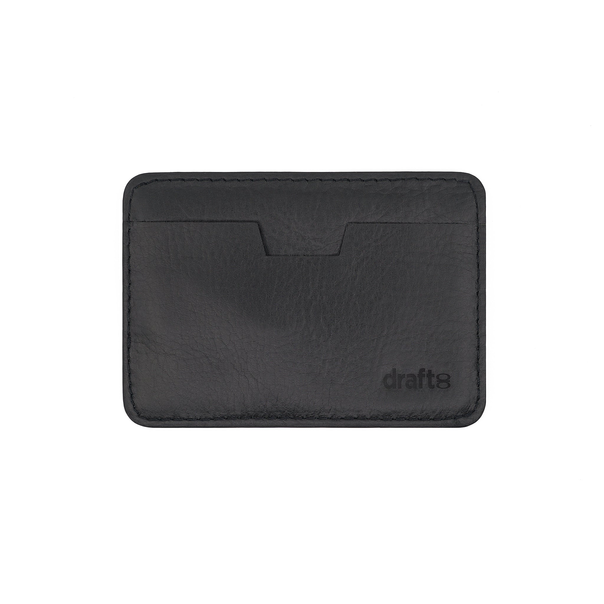 Flat view of the Draft-8 SIDE card holder in black vegetable-tanned leather. Minimalist, handcrafted accessory designed for sleek and sustainable everyday carry.
