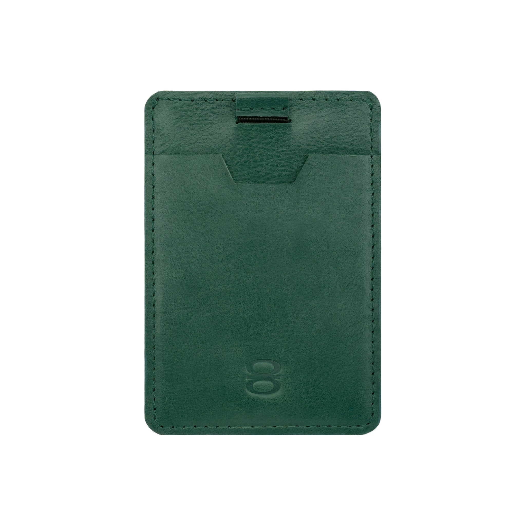 Draft-8 side card holder in green vegetable-tanned leather with minimalist slot design. Compact and sustainable accessory for everyday use, handcrafted for durability and style.

