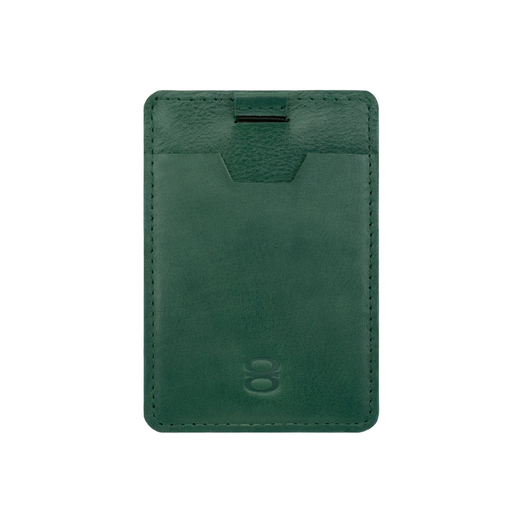 Draft-8 side card holder in green vegetable-tanned leather with minimalist slot design. Compact and sustainable accessory for everyday use, handcrafted for durability and style.
