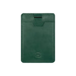 Load image into Gallery viewer, Draft-8 side card holder in green vegetable-tanned leather with minimalist slot design. Compact and sustainable accessory for everyday use, handcrafted for durability and style.

