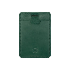Draft-8 side card holder in green vegetable-tanned leather with minimalist slot design. Compact and sustainable accessory for everyday use, handcrafted for durability and style.

