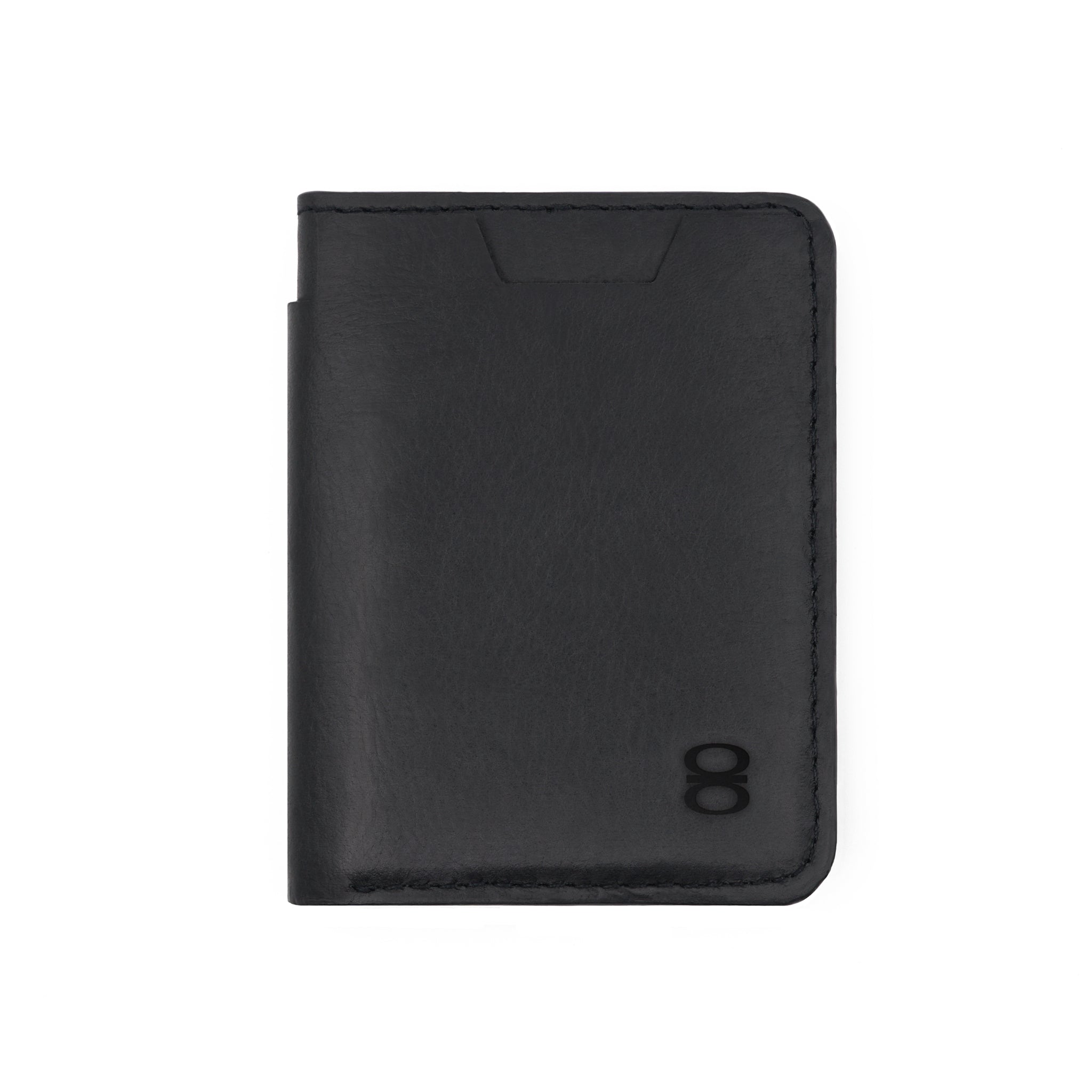 Slim black vegetable-tanned leather wallet by Draft-8, featuring minimalist design, easy-access card slots, and premium handcrafted finish. Sustainable and stylish everyday accessory.
