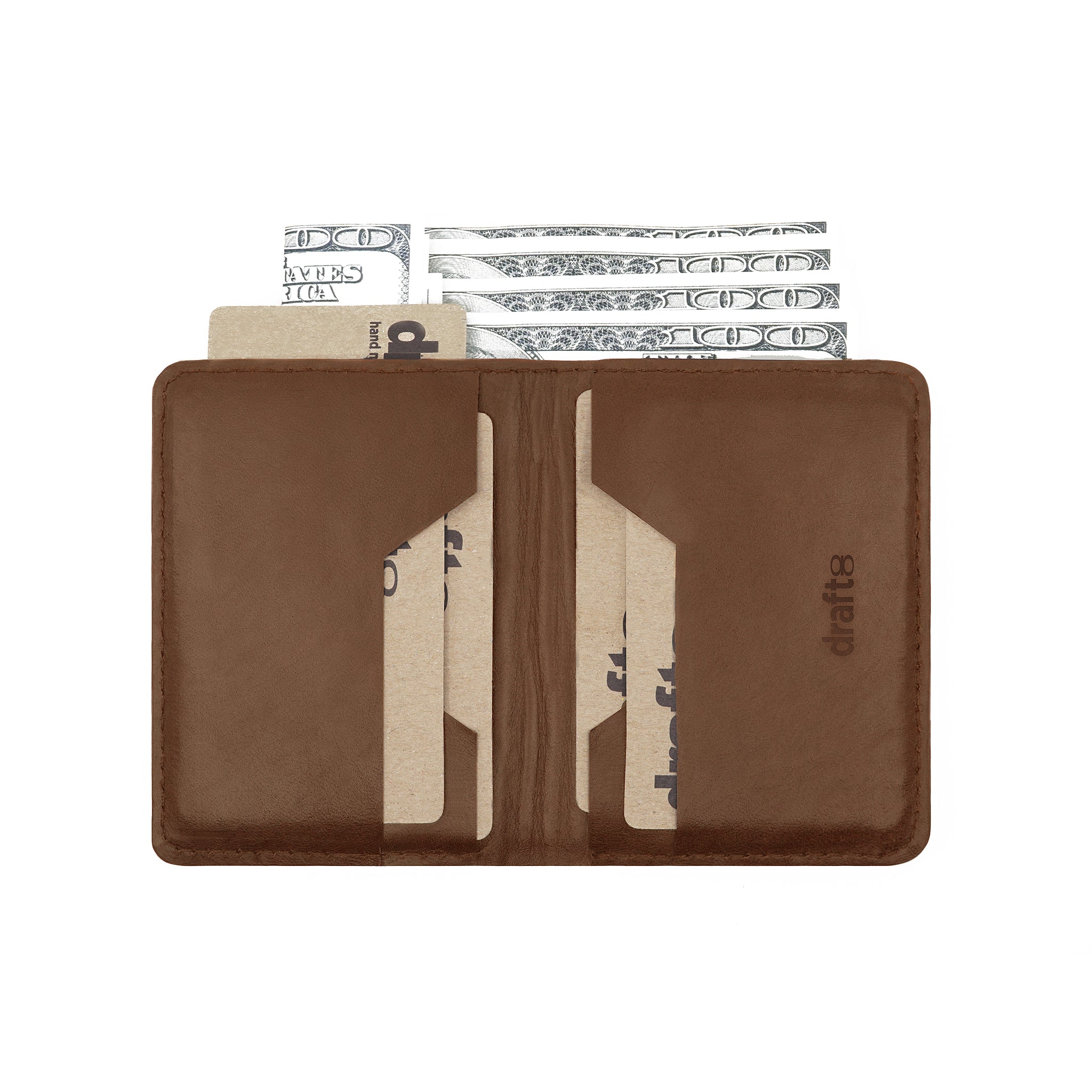 Draft-8 slim leather wallet in brown vegetable-tanned leather, featuring multiple card slots and practical cash compartment. Compact, minimalist design ideal for everyday use and crafted from premium sustainable materials.
