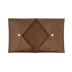 Load image into Gallery viewer, Open brown vegetable-tanned leather cardholder by draft-8, showcasing internal fold and button closure
