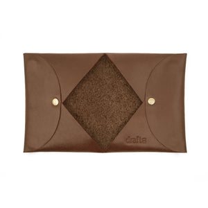 Open brown vegetable-tanned leather cardholder by draft-8, showcasing internal fold and button closure