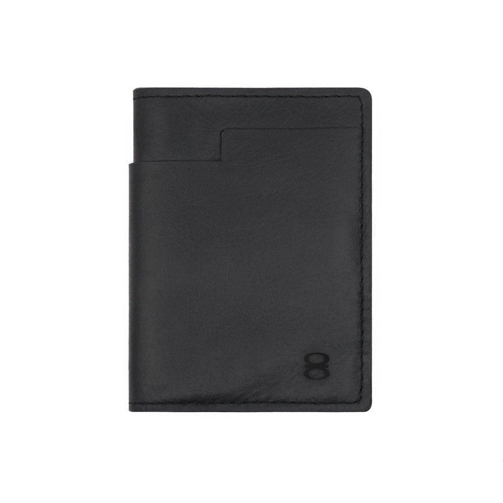 Black vegetable-tanned leather wallet by draft-8, front closed view