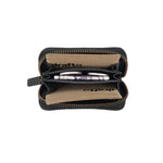 Load image into Gallery viewer, Draft-8 vegetable-tanned black leather zip wallet open with visible banknotes and inner compartments
